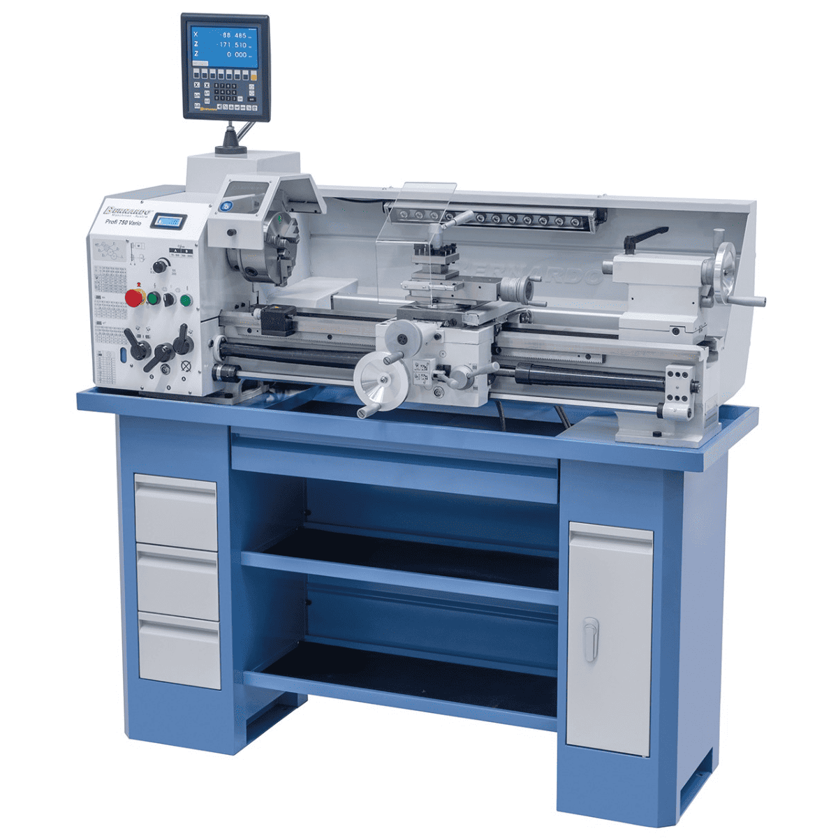 Vista frontale del tornio Profi 750 Vario con struttura compatta, torretta a 4 posizioni e display digitale montato: la scelta ideale per officine tecniche e scuole professionali.