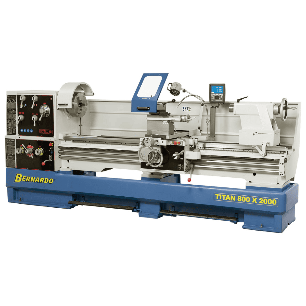 Tornio di grandi dimensioni con bancale rinforzato e display digitale integrato a 3 assi. Dotato di mandrino D8 e ponte smontabile, è perfetto per produzioni pesanti e lavorazioni di precisione su grandi pezzi.