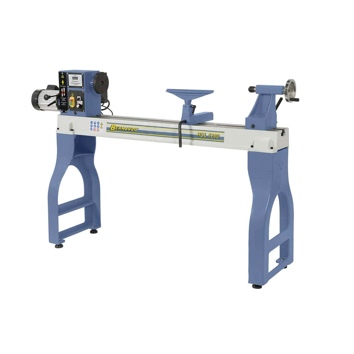 Vista laterale della macchina completa con poggiattrezzi montato e struttura in ghisa, pronta per lavorazioni professionali di alta precisione.