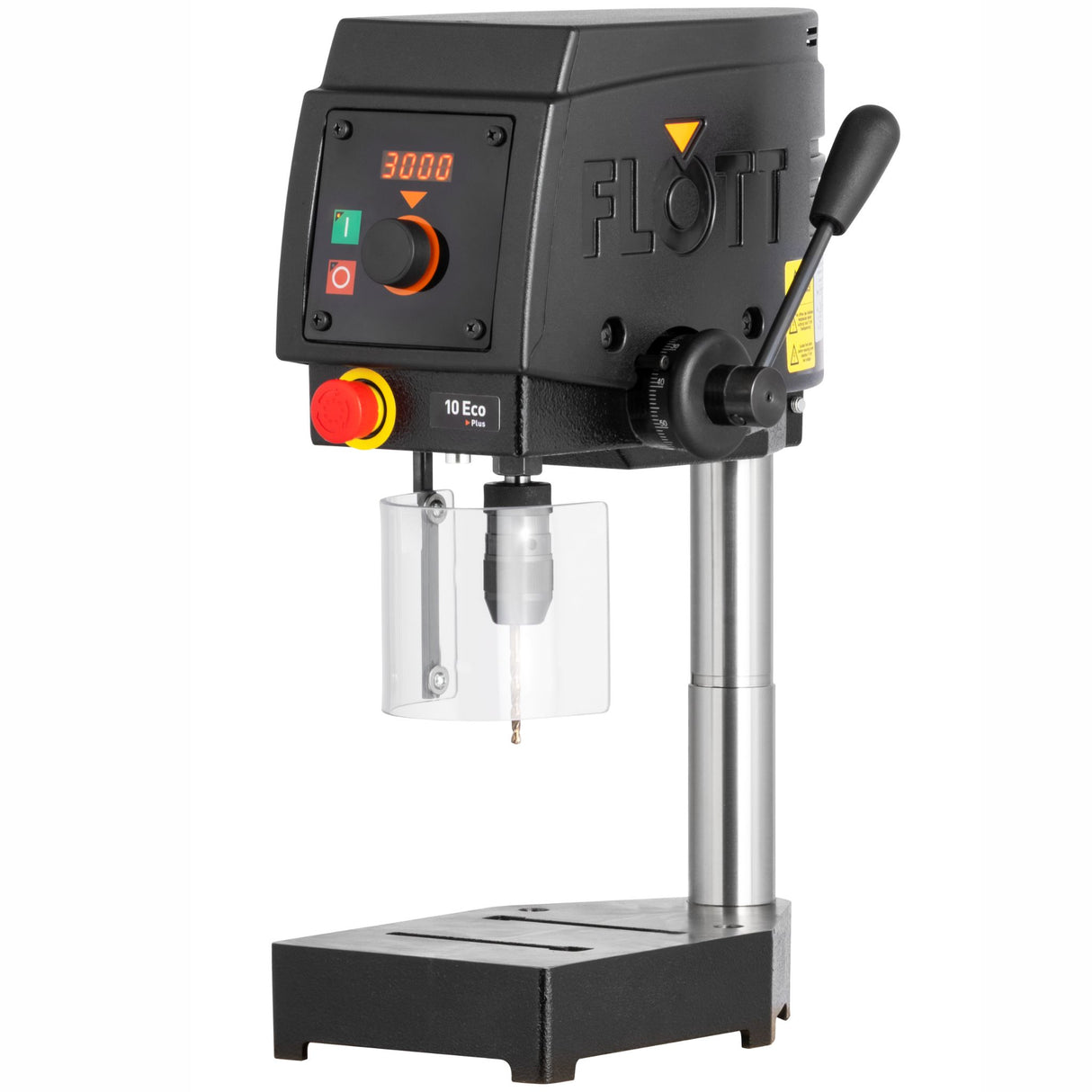 Trapano a colonna Floett TB 10 Eco Plus con base compatta, illuminazione LED e display digitale, ideale per officine e hobbisti.