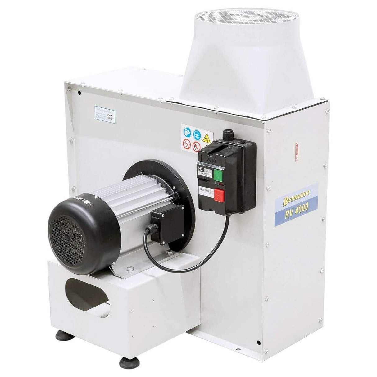 Ventilatore centrifugo Bernardo RV 4000 con portata da 6500 m³/h, girante bilanciata in acciaio e struttura robusta verniciata a polvere, ideale per impianti di aspirazione industriale.