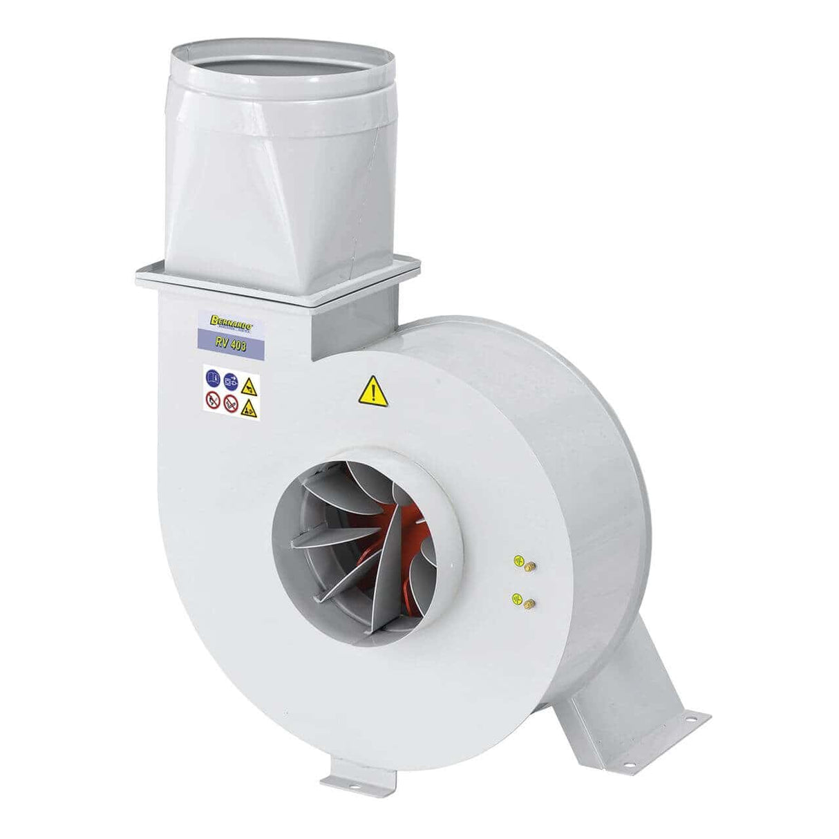 Ventilatore centrifugo Bernardo RV 403 da 5800 m³/h con girante in acciaio bilanciata, verniciatura a polvere e staffa per montaggio a parete o a soffitto.