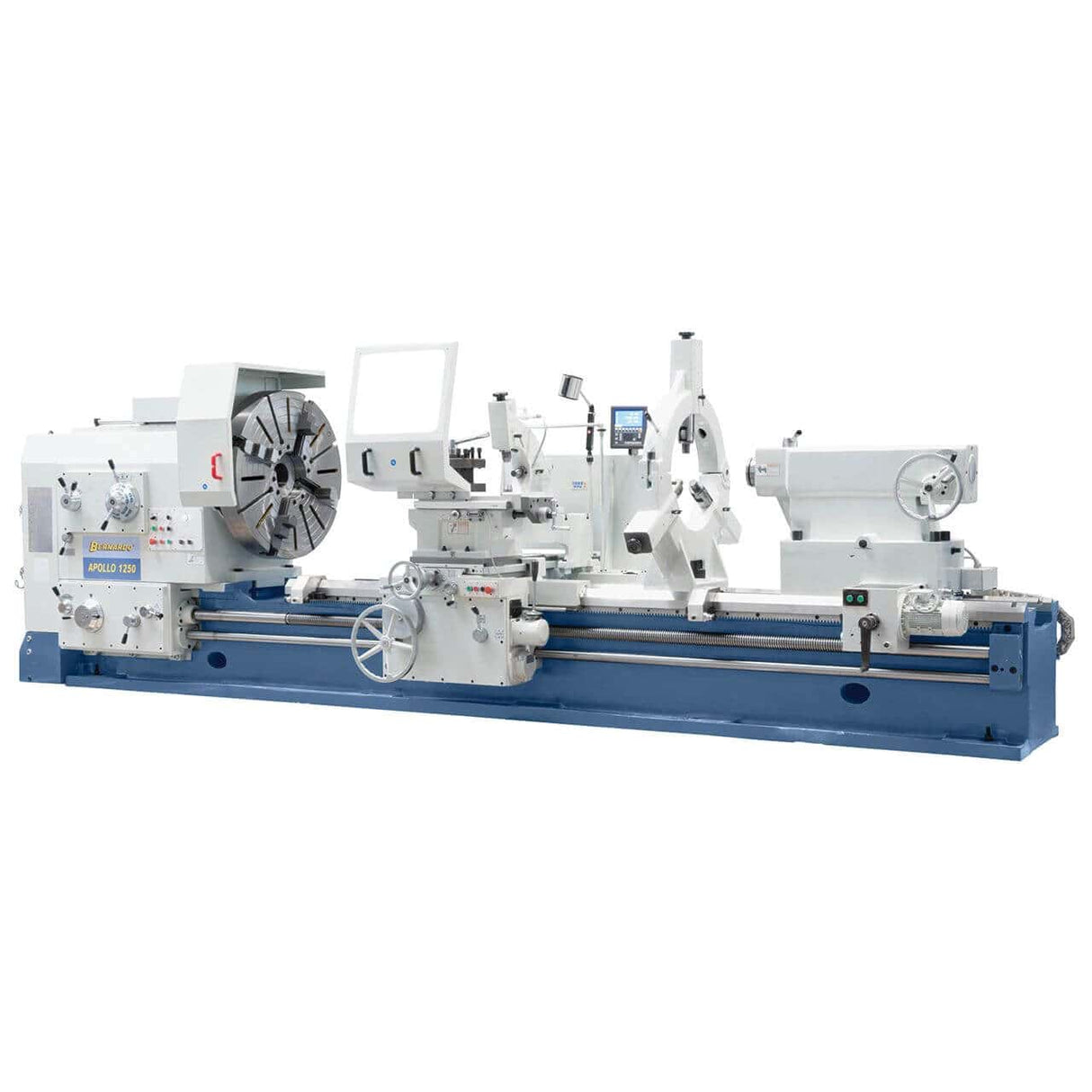 Vista del tornio Bernardo Apollo 1250 x 3000 con mandrino indipendente Ø 1000 mm, contropunta motorizzata e visualizzatore digitale a 3 assi, costruito per lavorazioni industriali pesanti.