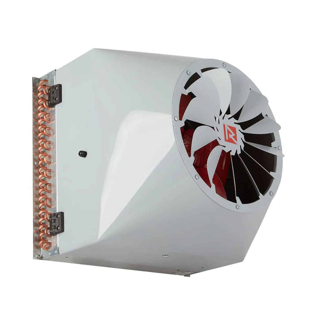 Aerotermo ad acqua Reventon, serie Farmer OpenAir: struttura robusta in acciaio verniciato, serpentino con tubazioni in rame/acciaio per l’allacciamento a impianto idraulico, ventilatore centrifugo ad alta portata ideale per grandi spazi aperti. Dotato di supporto regolabile per montaggio a parete o soffitto, griglia di protezione frontale e attacchi idraulici standard. Progettato per garantire distribuzione uniforme del calore in ambienti agricoli e industriali, con efficienza e resistenza alle condizioni 