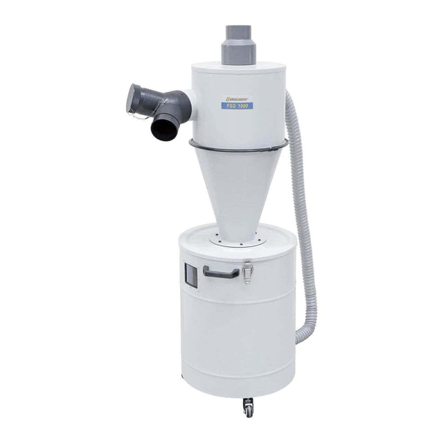 Aspiratore ciclonico Bernardo FSG 1000 con contenitore da 118 litri, adattatore a Y e finestra di ispezione, ideale per ridurre le polveri sottili nelle lavorazioni del legno.