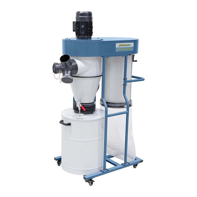 Aspiratore ciclonico Bernardo RLA 2000 400 V con filtro a cartuccia in poliestere, telecomando e timer, ideale per aspirazione di trucioli e polveri sottili in laboratori e falegnamerie.