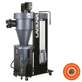 Vista laterale del CFlux 3 collegato a più macchine da taglio, evidenziando la struttura solida, il contenitore con ruote e la finestrella trasparente per il controllo visivo.