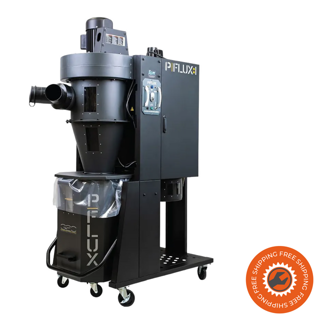 Vista del PFlux 1 installato accanto a una macchina da falegnameria, in evidenza il contenitore con ruote, filtro HEPA e struttura compatta.