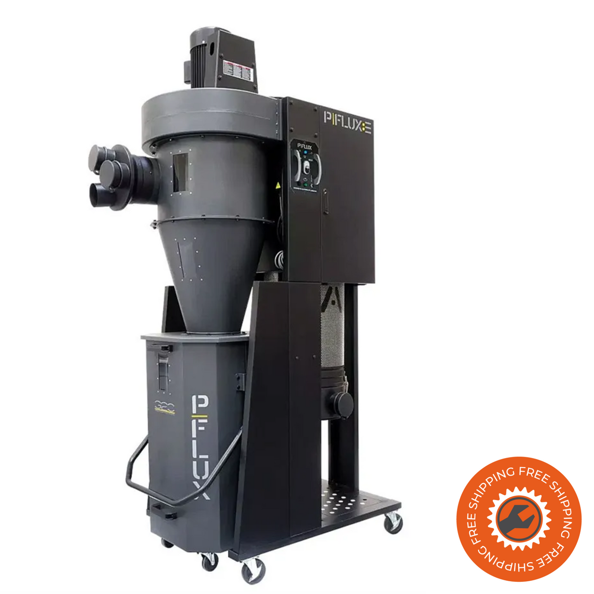 Vista laterale dell’unità PFlux 3v2 con contenitore rifiuti, motore aspirante e LED acceso durante il funzionamento.