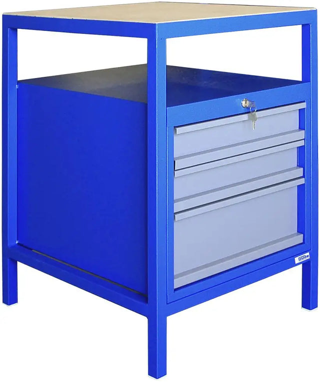 Banco da lavoro Güde P 600 S con struttura in acciaio, piano robusto e cassetti con chiusura centralizzata, ideale per officina e garage.