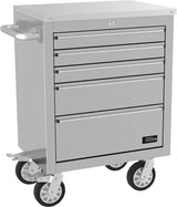 Banco da lavoro Guede GW 5 INOX in acciaio inox con piano rivestito, cinque cassetti chiudibili e ruote con freno, ideale per uso professionale e outdoor.