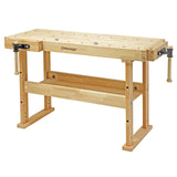 Vista angolata del banco WB 1500 Hobby con morsa frontale e posteriore in legno di faggio, dotato di 4 ganci da banco e mensola inferiore, ideale per l’hobbista esigente.