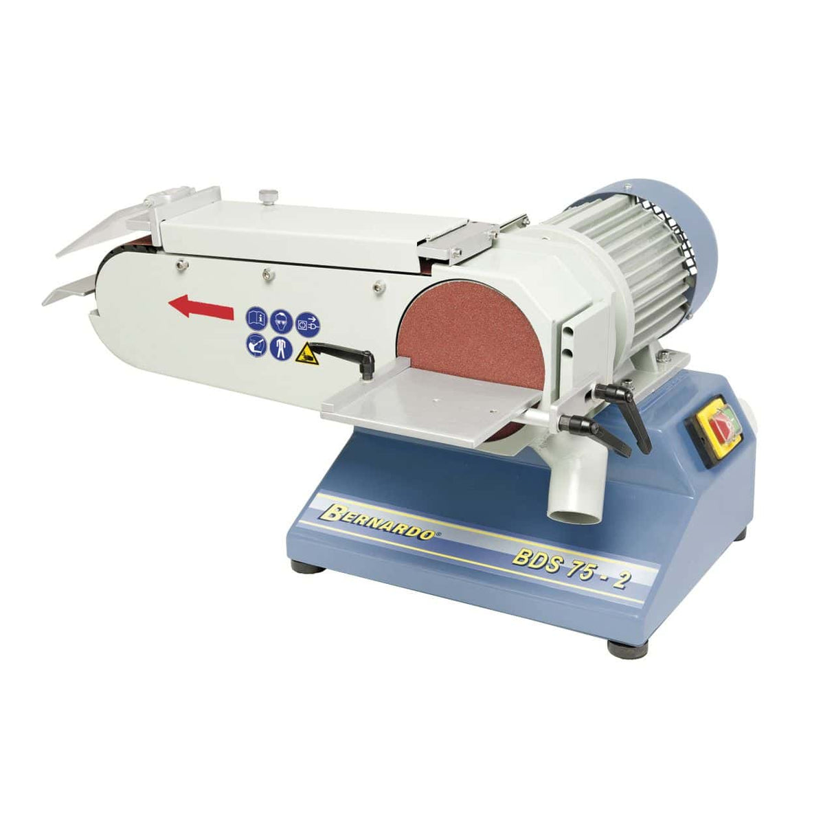 Levigatrice a nastro e disco Bernardo BDS 75-2 con due velocità, nastro 75 x 1180 mm, disco Ø 150 mm e struttura robusta.