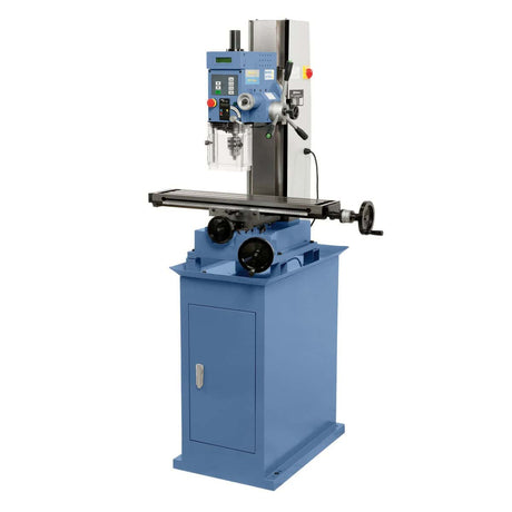 Trapano-fresatrice Bernardo BF 25 L Super con tavola 700 x 160 mm, testa inclinabile 90° a destra e 30° a sinistra, velocità variabile continua e indicatori digitali integrati.