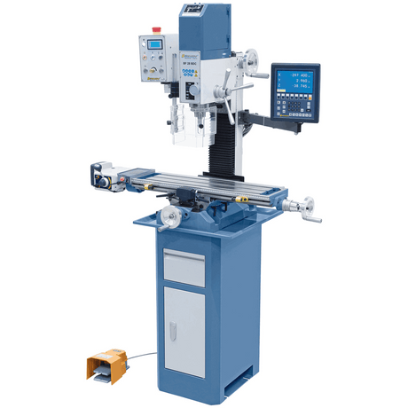 Trapano-fresatrice Bernardo BF 28 BDC con motore DC, testa inclinabile ±90°, avanzamento automatico asse X e visualizzatore digitale a 3 assi per lavorazioni di precisione.