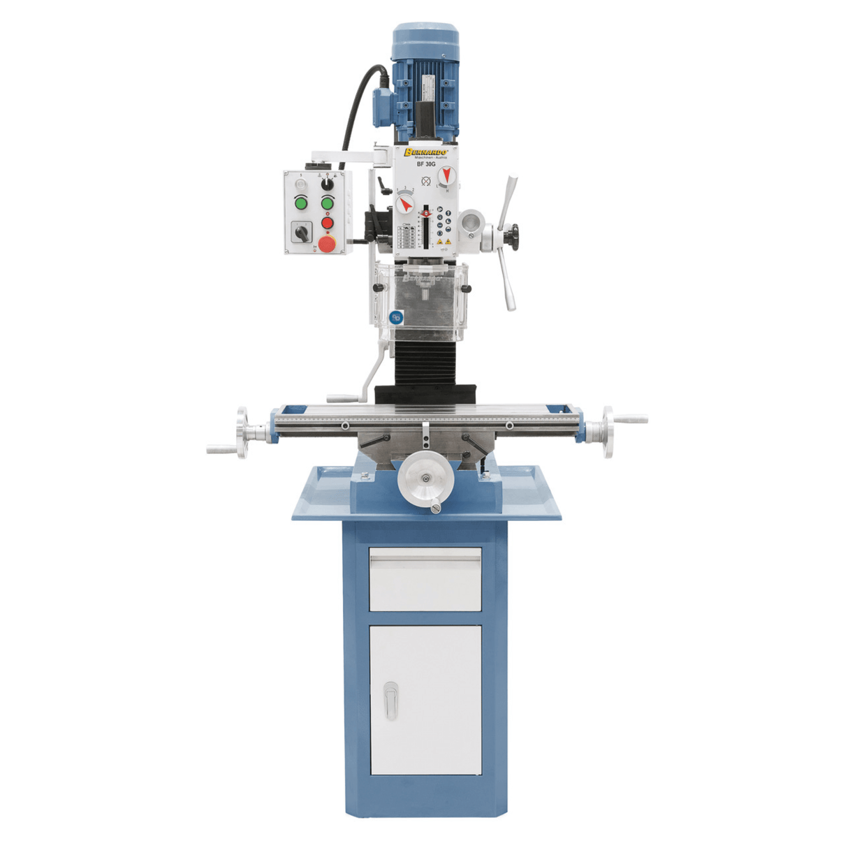 Trapano-fresatrice Bernardo BF 30 G con tavola a croce in ghisa 700 x 190 mm, testa inclinabile ±45°, 12 velocità e rotazione destra/sinistra per filettatura.