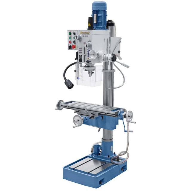 Trapano-fresatrice Bernardo BF 40 HS con tavola 730 x 210 mm, testa inclinabile ±90° e ruotabile 360°, motore a 2 velocità e indicatori digitali di serie.