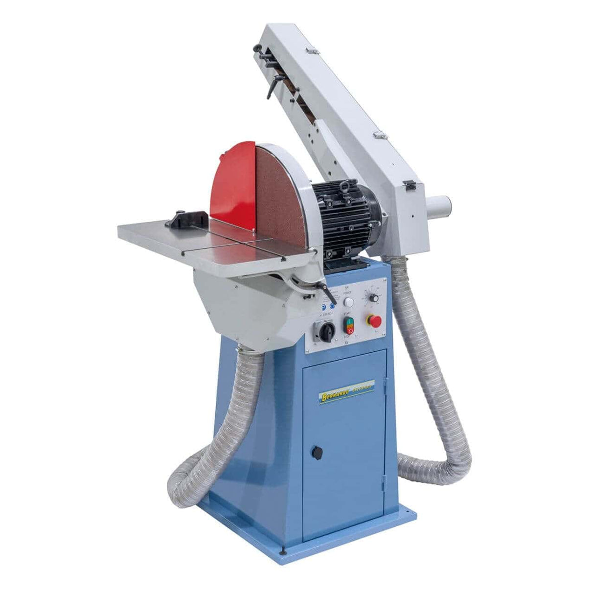 Levigatrice a nastro e disco Bernardo BTS 510 Vario con inverter di frequenza, disco Ø 500 mm e aspirazione integrata.