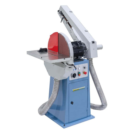 Levigatrice a nastro e disco Bernardo BTS 510 Vario con inverter di frequenza, disco Ø 500 mm e aspirazione integrata.