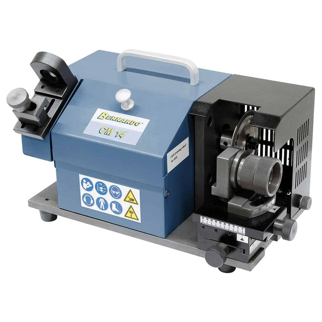 Tranciatrice Bernardo CM 14 con regolazione angolare, mola CBN e set di 11 pinze ER 20 per utensili in HSS e metallo duro.