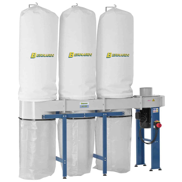 Impianto di aspirazione Bernardo DC 600 con 3 sacche trucioli da 190 L e superficie filtrante da 6 m², ideale per falegnamerie.