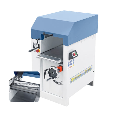 Pialla a spessore Bernardo DH 310 S con albero a spirale e 52 inserti TCT, motore trifase 400 V e tavola con rulli integrati.