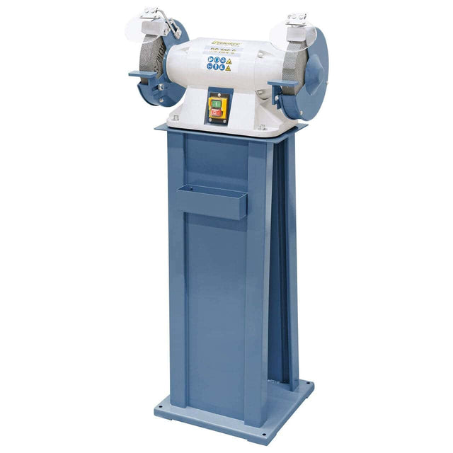 Smerigliatrice doppia Bernardo DS 150 S con mole Ø150 mm K36/K80, supporto pezzo e protezioni scintille.