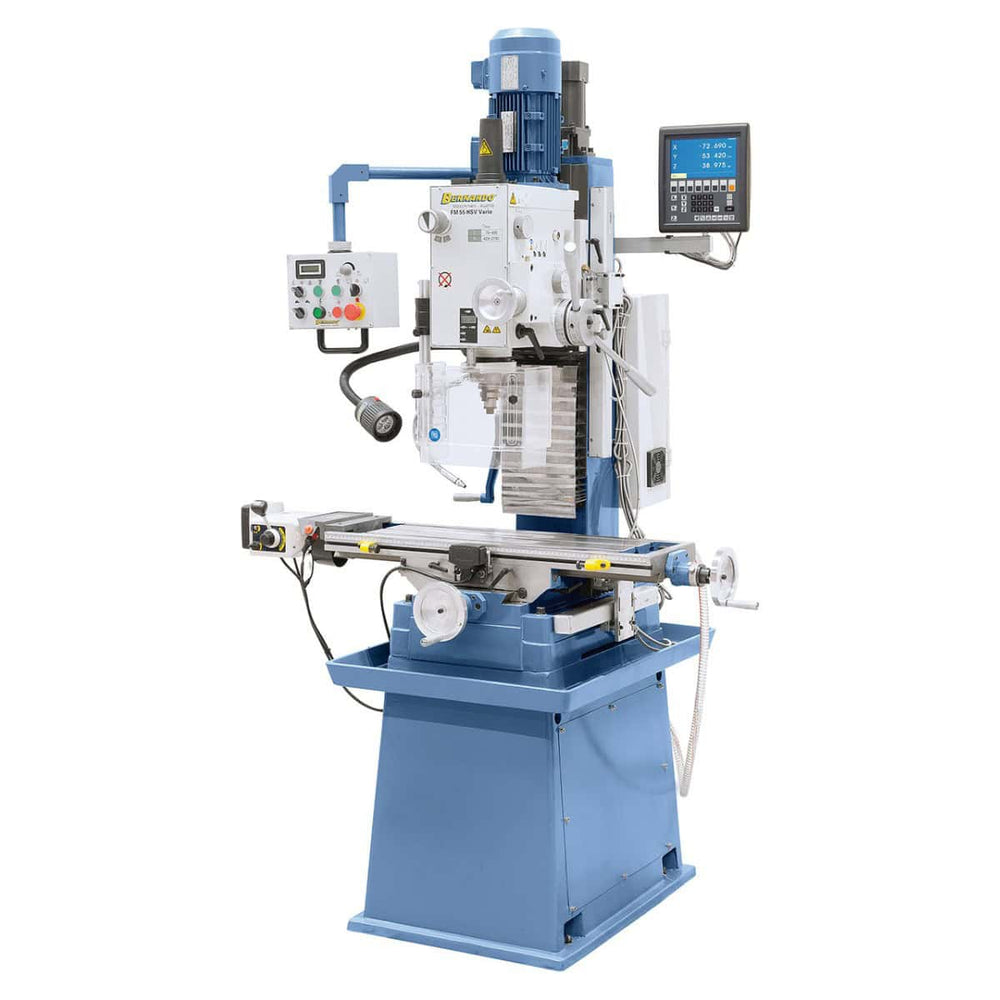 Trapano-fresatrice Bernardo FM 55 HSV Vario con tavola 800 x 240 mm, testa inclinabile ±60°, avanzamento automatico X e mandrino, inverter Delta e display digitale a 3 assi ES-12 V.