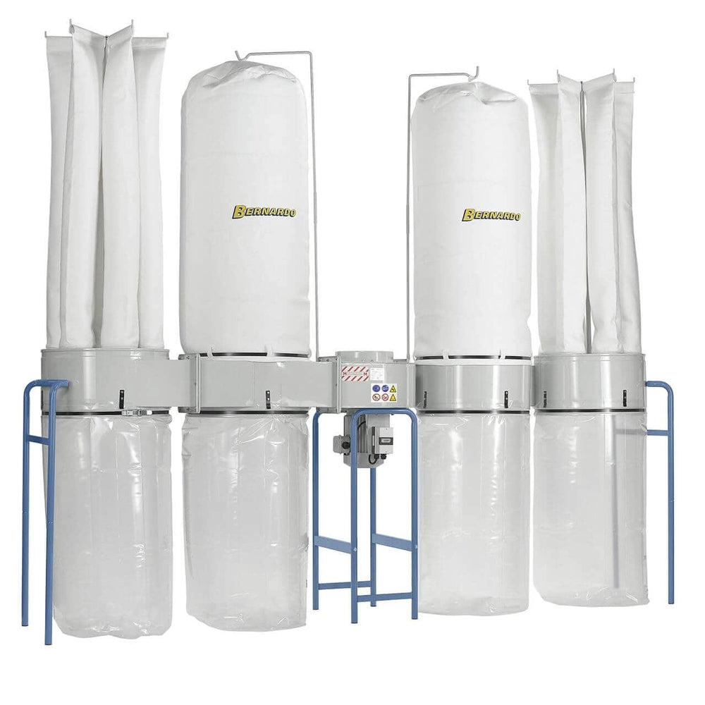 Impianto di aspirazione Bernardo FT 504 SF con filtro a tubo da 19 m² e sacche trucioli da 1130 L, ideale per falegnamerie.