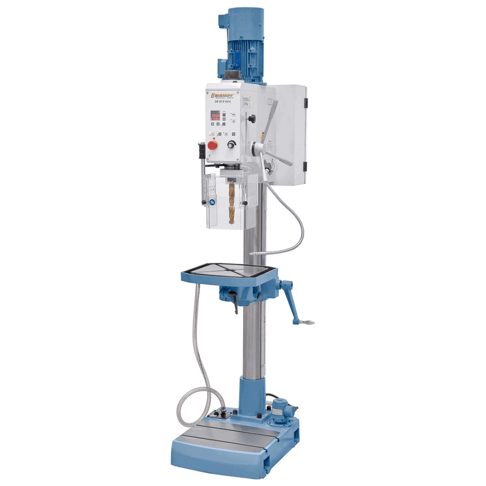 Trapano a colonna Bernardo GB 28 S Vario con tavola in ghisa inclinabile, velocità variabile, display digitale e base con pompa di refrigerazione integrata.