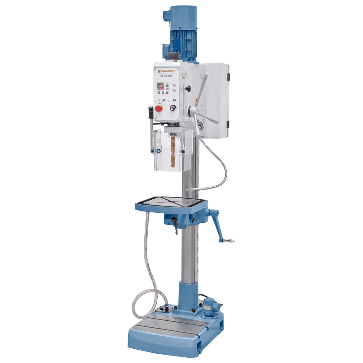 Trapano a colonna Bernardo GB 28 S Vario con tavola in ghisa inclinabile, velocità variabile, display digitale e base con pompa di refrigerazione integrata.