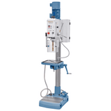 Trapano a colonna Bernardo GB 28 S Vario con tavola in ghisa inclinabile, velocità variabile, display digitale e base con pompa di refrigerazione integrata.