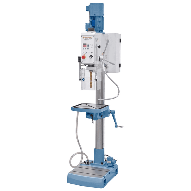 Trapano a colonna Bernardo GB 28 S Vario con tavola in ghisa inclinabile, velocità variabile, display digitale e base con pompa di refrigerazione integrata.