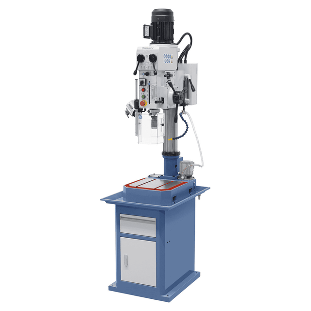 Trapano a ingranaggi Bernardo GB 30 TV con trasmissione robusta, tre avanzamenti automatici, pompa refrigerante, luce LED e concentricità del mandrino ≤0,02 mm.