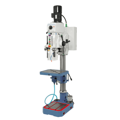 Trapano a colonna Bernardo GB 35 Vario con velocità variabile, avanzamento elettromeccanico del mandrino, tavola inclinabile e pompa di refrigerazione integrata.