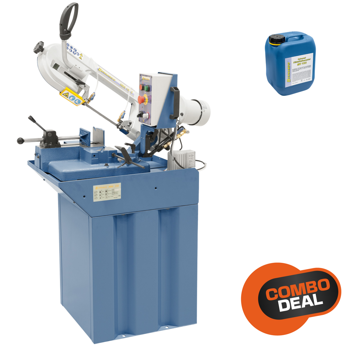Sega a nastro Bernardo HBS 150 Z in versione combo con liquido refrigerante, carro stabile in ghisa e morsetto orientabile per tagli angolati fino a 60°.