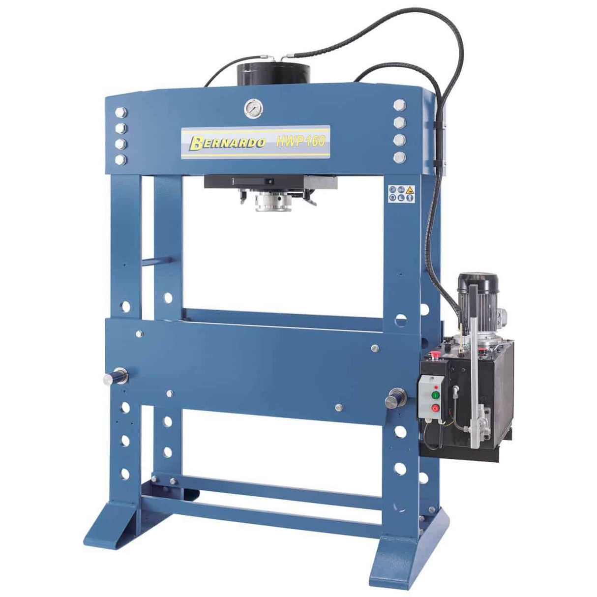 Pressa idraulica Bernardo HWP 160 con cilindro scorrevole, piano regolabile e manometro, ideale per applicazioni industriali pesanti.