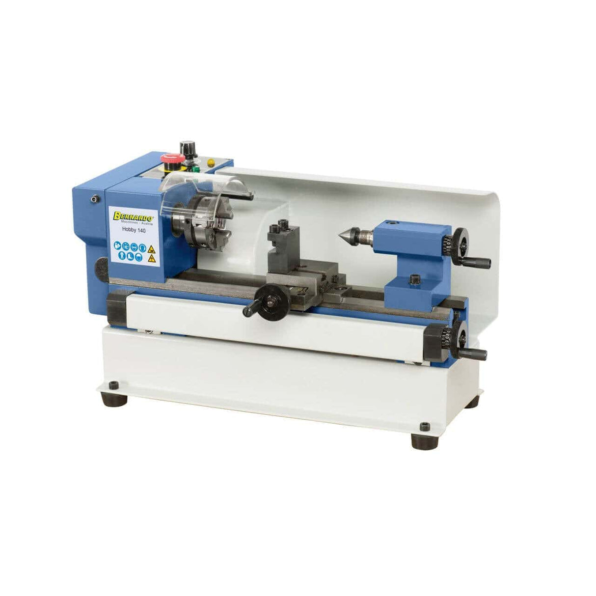 Vista completa del mini tornio Bernardo Hobby 140 con mandrino a 3 griffe e contropunta montata, struttura in ghisa e dimensioni ridotte per piccoli laboratori.