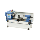 Vista completa del mini tornio Bernardo Hobby 140 con mandrino a 3 griffe e contropunta montata, struttura in ghisa e dimensioni ridotte per piccoli laboratori.