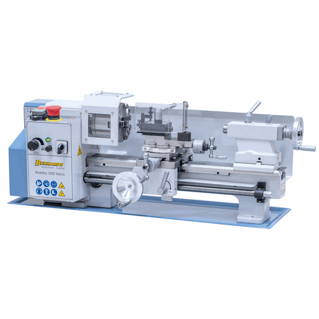 Tornio Bernardo Hobby 300 Vario con regolazione elettronica della velocità, struttura compatta e mandrino a 3 griffe, perfetto per modellisti e hobbisti evoluti.