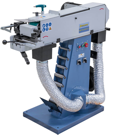 Smerigliatrice a nastro Bernardo KBR 100 x 2000 DC-2 con dispositivo per tubi Ø 20–76 mm, regolazione angolare e aspirazione integrata.