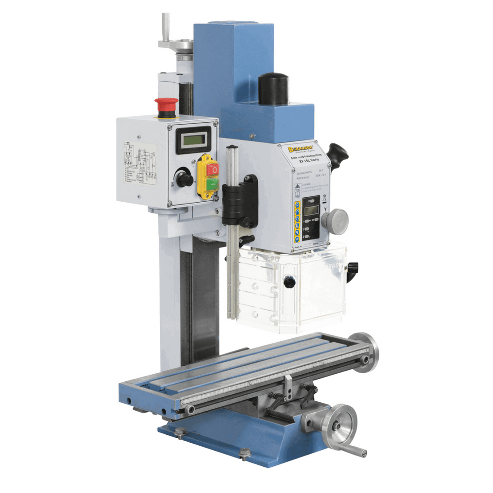 Trapano-fresatrice Bernardo KF 16 L Vario con tavola a croce 500 x 140 mm, testa inclinabile ±90°, velocità variabile continua e struttura compatta in ghisa.