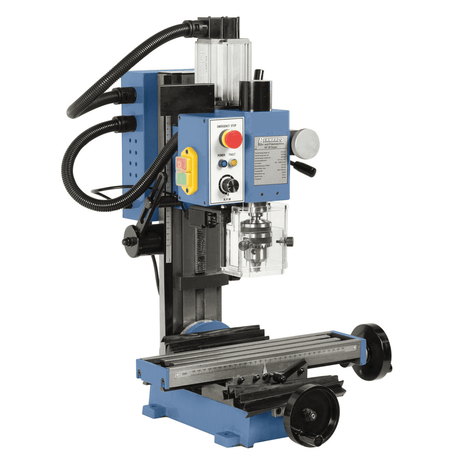 Trapano-fresatrice Bernardo KF 20 Super con testa inclinabile ±45°, motore brushless da 500 W e piano crociato con cave a T, ideale per lavorazioni di precisione.