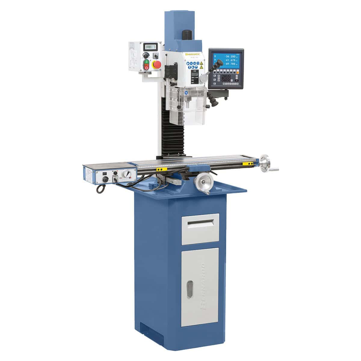 Trapano-fresatrice Bernardo KF 25 PRO con motore DC, testa inclinabile ±90°, avanzamento automatico asse X e visualizzatore digitale a 3 assi per lavorazioni precise.