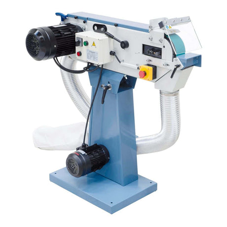 Levigatrice a nastro Bernardo MS 75 x 2000 DC-2 con due velocità, aspirazione integrata 520 m³/h e nastro abrasivo 75 x 2000 mm.