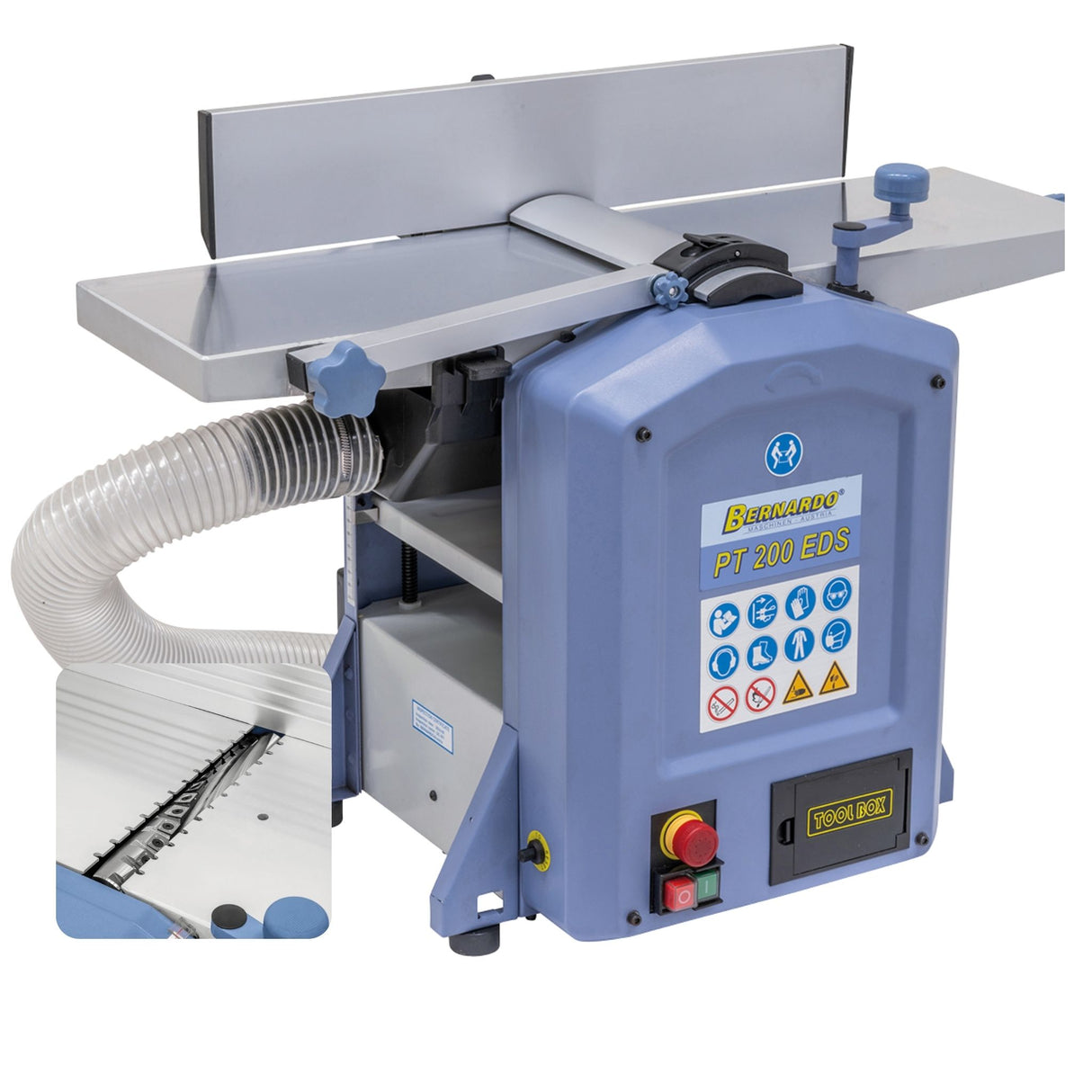 Pialla filo e spessore Bernardo PT 200 EDS con albero a spirale e 18 inserti TCT, compatta, precisa e silenziosa, con aspirazione integrata.