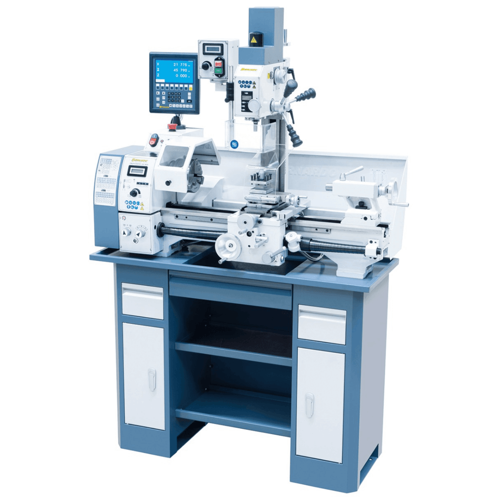 Tornio combinato Bernardo Proficenter 550 WQV / 230 V con DRO digitale a 2 assi, mandrino temprato Ø 26 mm, banco temprato e testa fresante inclinabile –90°/+90°.
