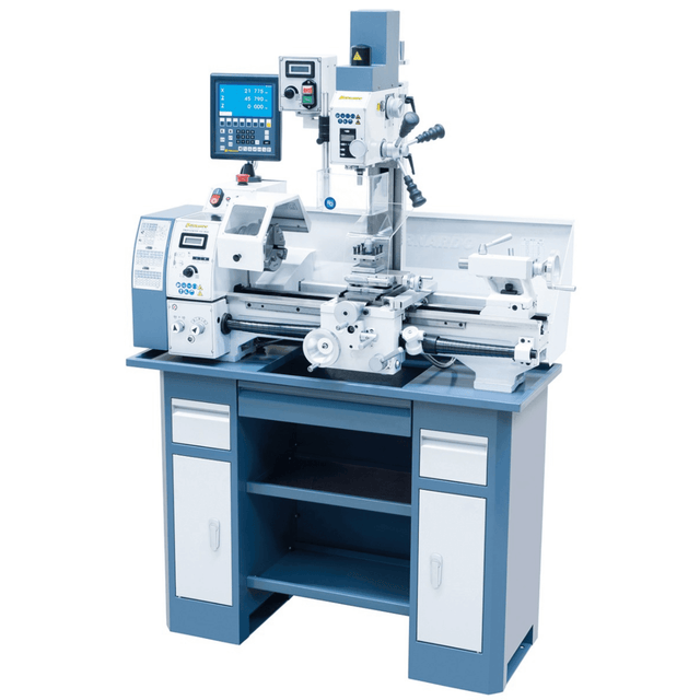 Tornio combinato Bernardo Proficenter 550 WQV / 230 V con DRO digitale a 2 assi, mandrino temprato Ø 26 mm, banco temprato e testa fresante inclinabile –90°/+90°.