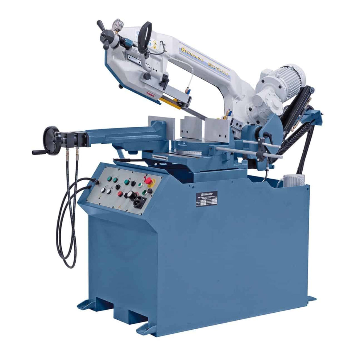 Sega a nastro Bernardo MBS 300 DGA con doppio taglio obliquo, funzione semiautomatica e guida lama con inserti in metallo duro.