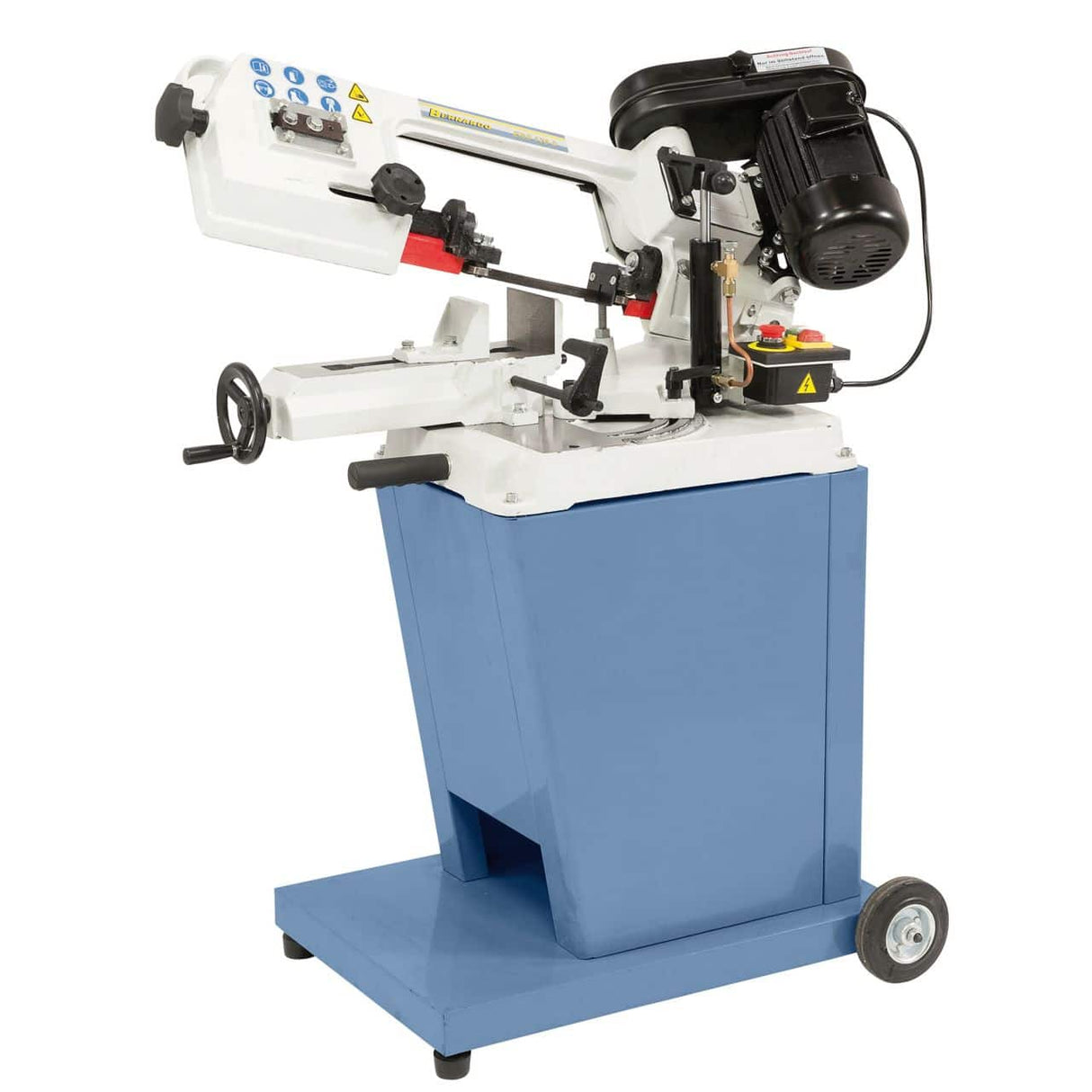 Sega a nastro Bernardo EBS 128 C / 230 V con doppio taglio obliquo, 3 velocità selezionabili, morsa rapida e base mobile.